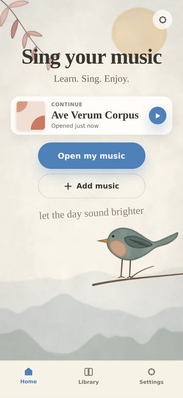The ScanSing home screen: Sing your music, Continue Ave Verum Corpus, Open my music and Add music