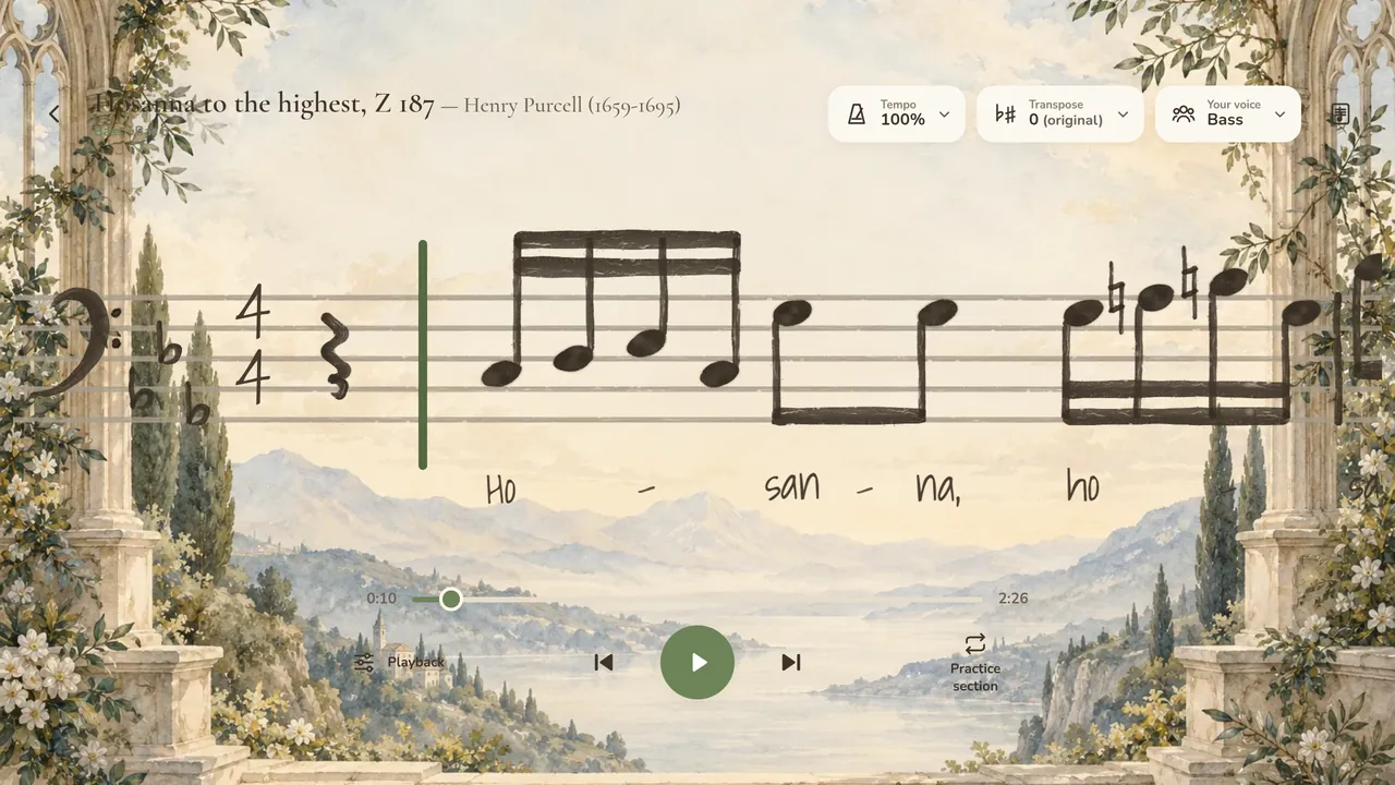 The same bars drawn by hand over the Chapel watercolour of a balustrade above a lake