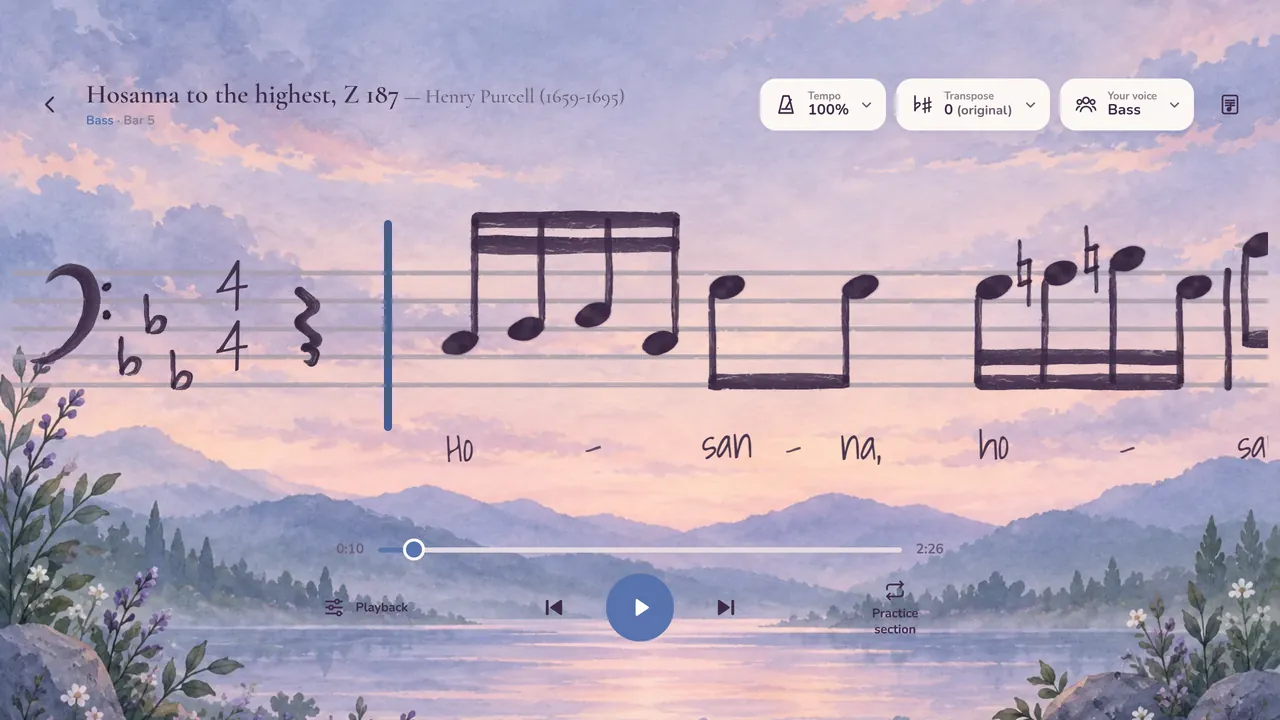 The same bars drawn by hand over the Twilight watercolour of a lavender lake at dusk