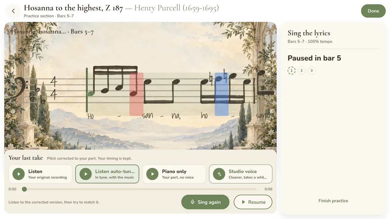 Practice section on the opening of Purcell's Hosanna: one note tinted red where it was sung sharp and one blue where it was flat, with the last take ready to play back